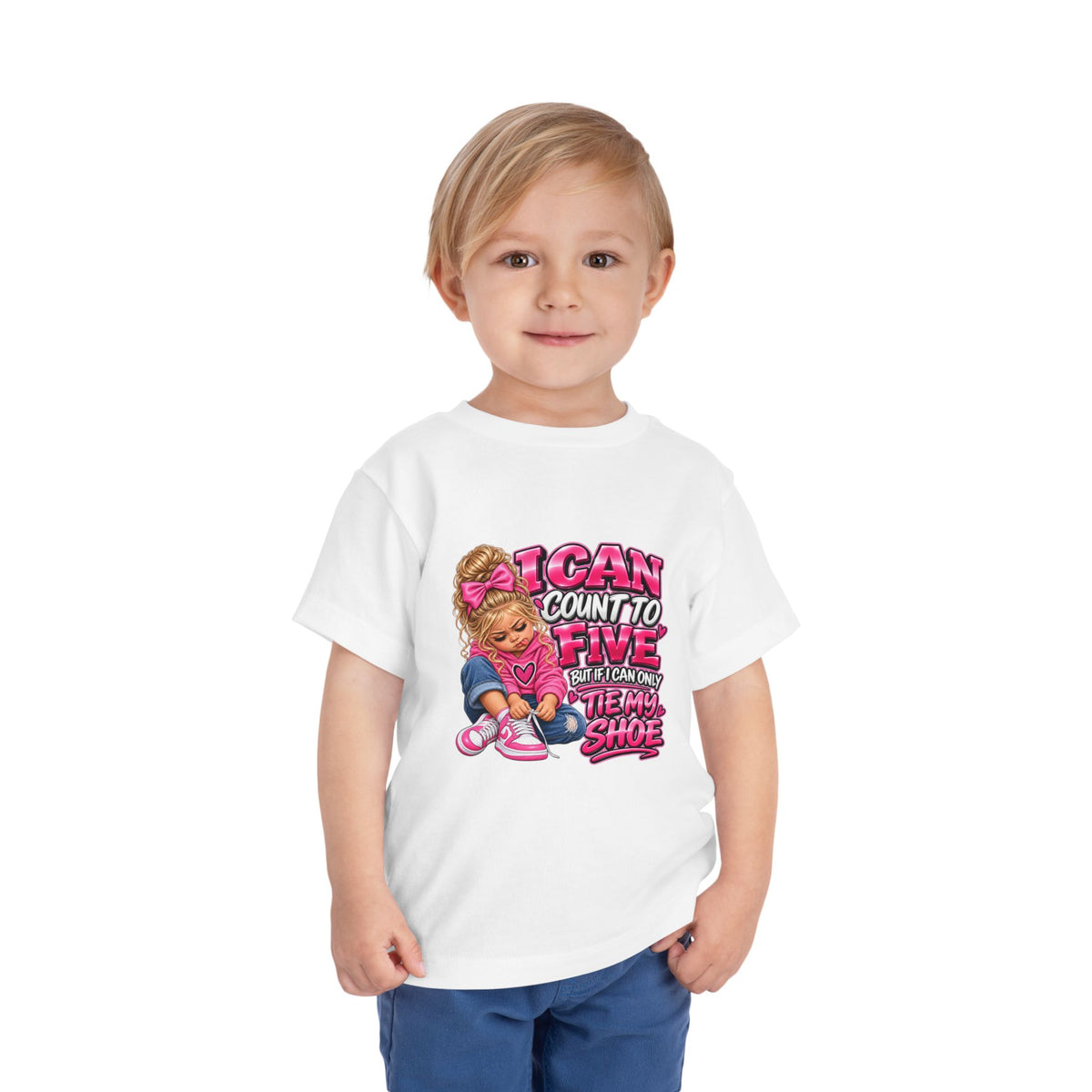 Toddler Tee — "I Can Count to Five But I Can Only Tie My Shoe" Cute Girl Graphic