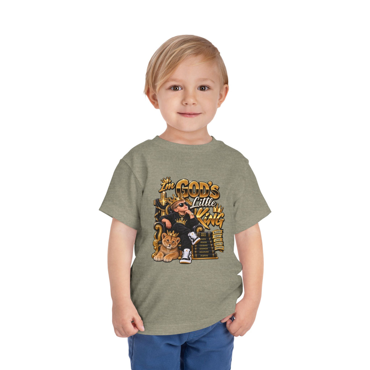 Toddler Tee — "The God's Little King" Graphic Shirt (Lion & Crown)