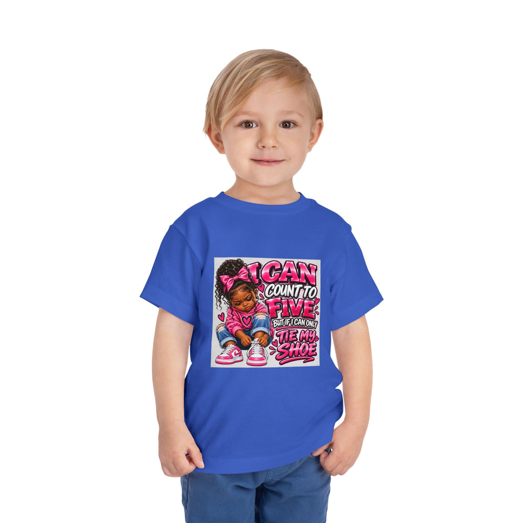 Toddler Tee — "I Can Count to Five But I Can Only Tie My Shoe" Cute Girl Graphic