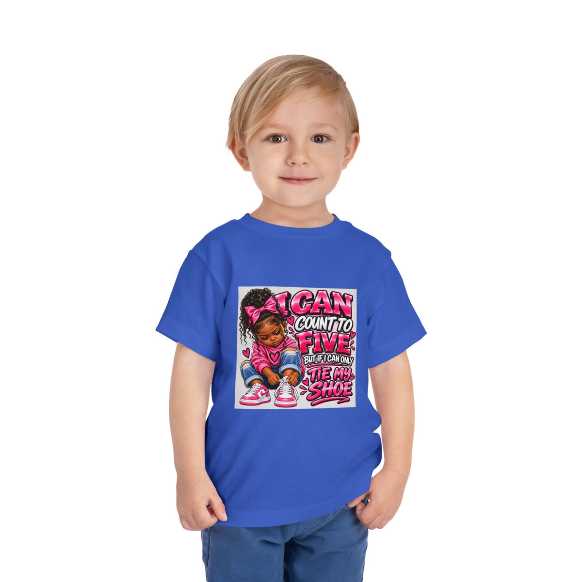 Toddler Tee — "I Can Count to Five But I Can Only Tie My Shoe" Cute Girl Graphic