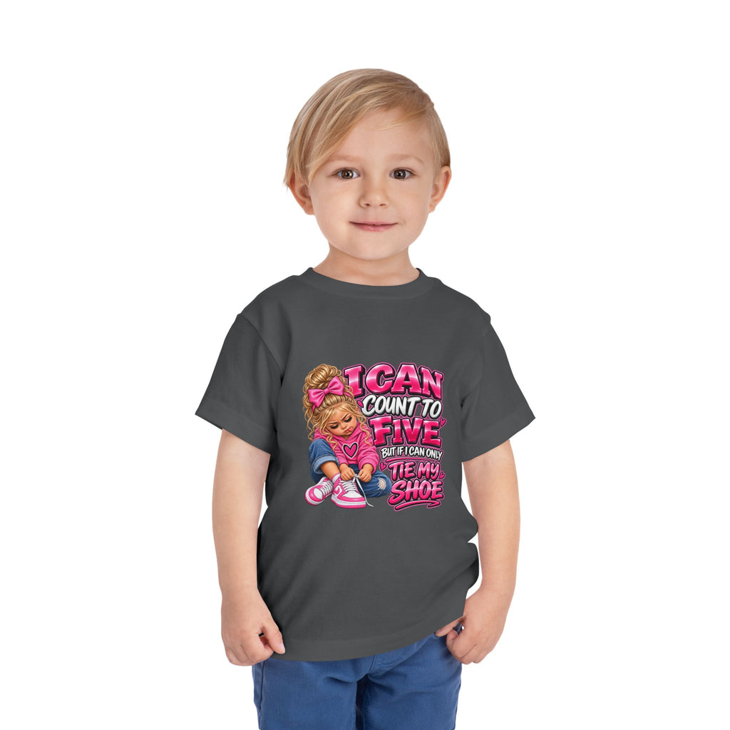 Toddler Tee — "I Can Count to Five But I Can Only Tie My Shoe" Cute Girl Graphic