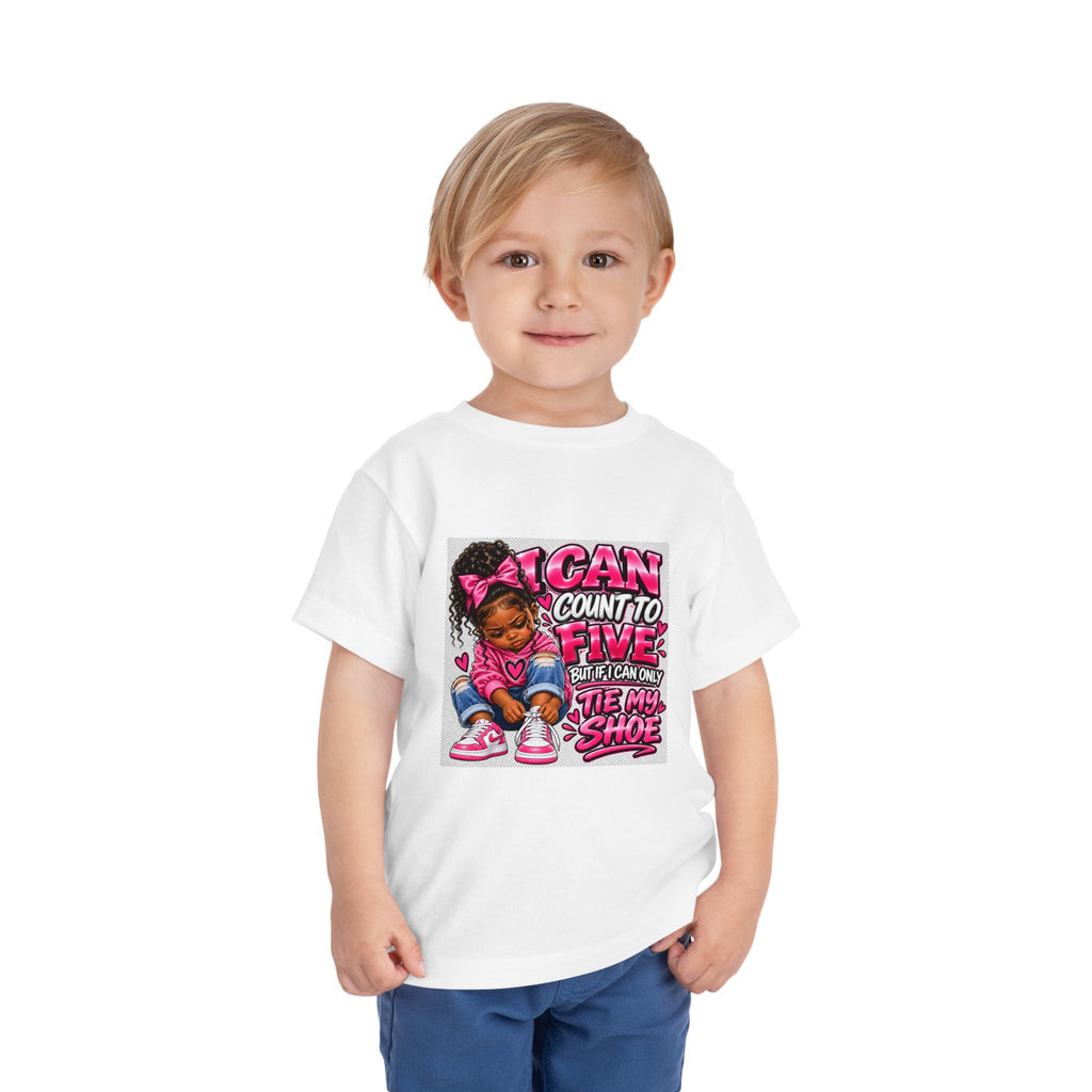 Toddler Tee — "I Can Count to Five But I Can Only Tie My Shoe" Cute Girl Graphic