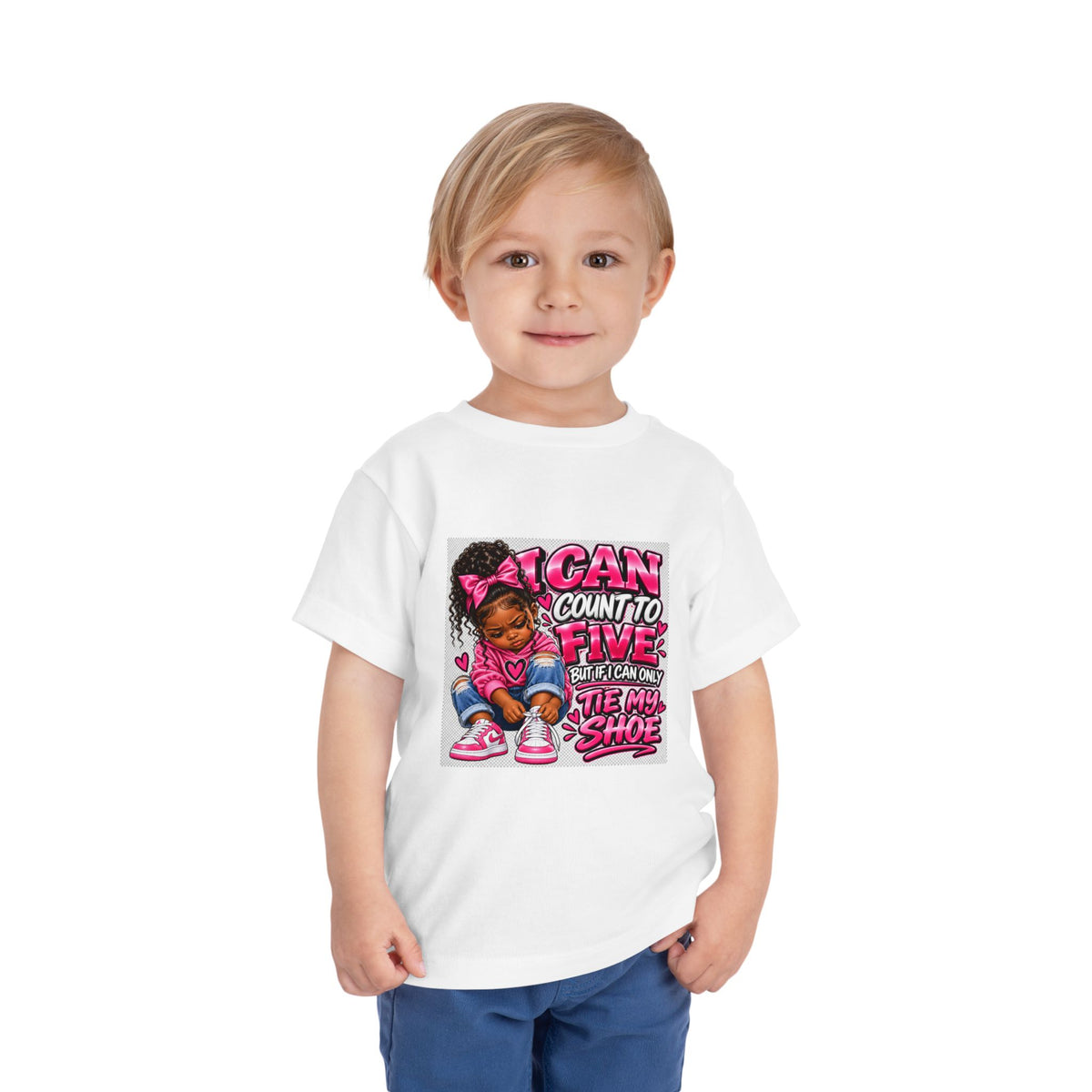 Toddler Tee — "I Can Count to Five But I Can Only Tie My Shoe" Cute Girl Graphic