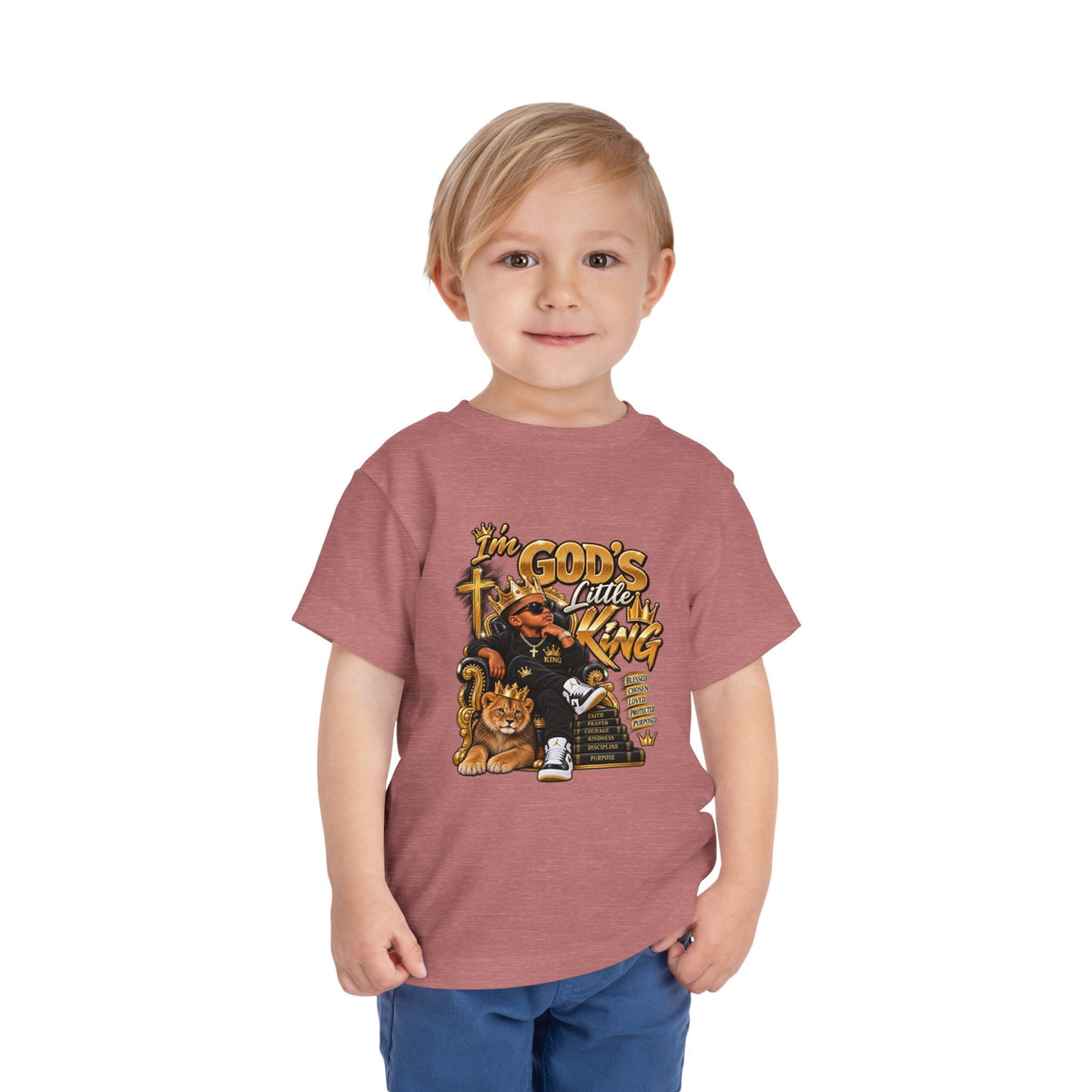Toddler Tee — "I'm God's Little King" Christian Lion Graphic Shirt
