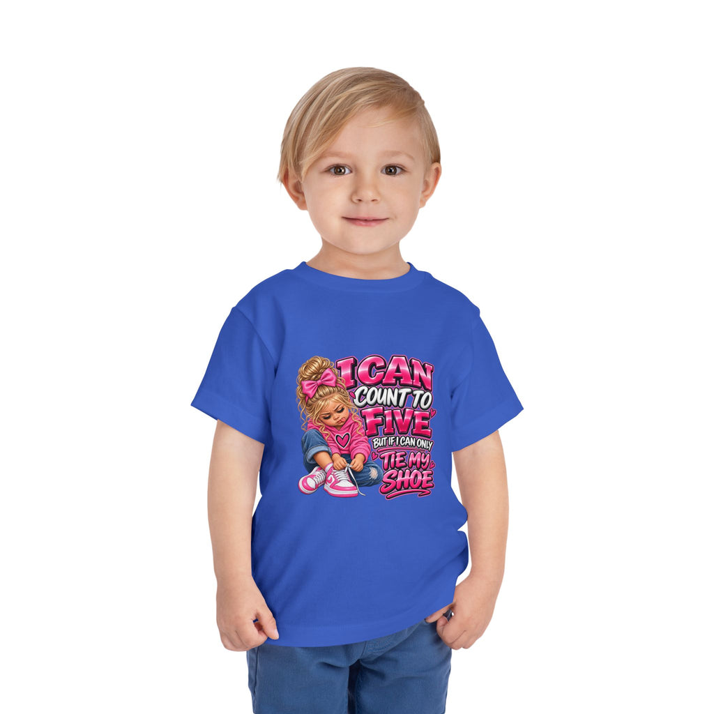Toddler Tee — "I Can Count to Five But I Can Only Tie My Shoe" Cute Girl Graphic