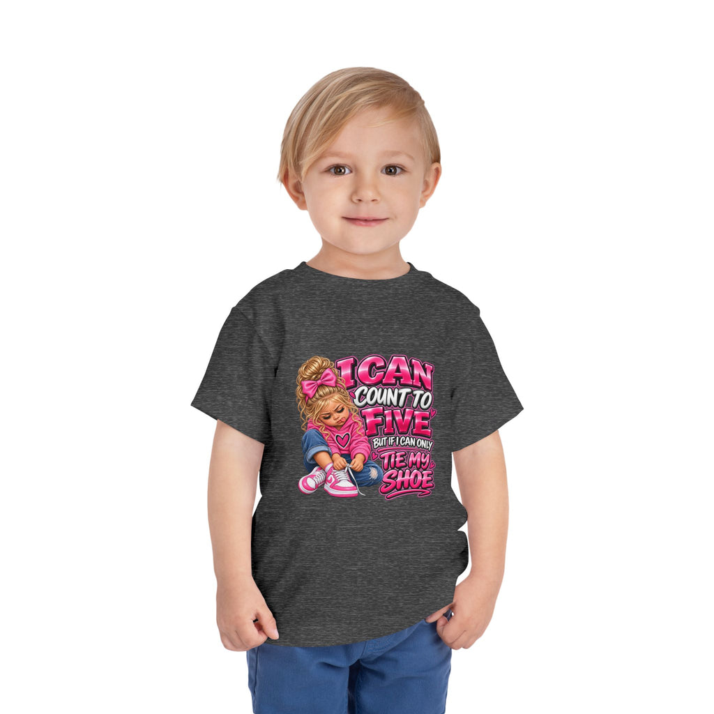 Toddler Tee — "I Can Count to Five But I Can Only Tie My Shoe" Cute Girl Graphic