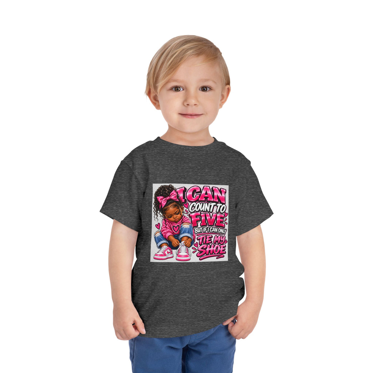 Toddler Tee — "I Can Count to Five But I Can Only Tie My Shoe" Cute Girl Graphic