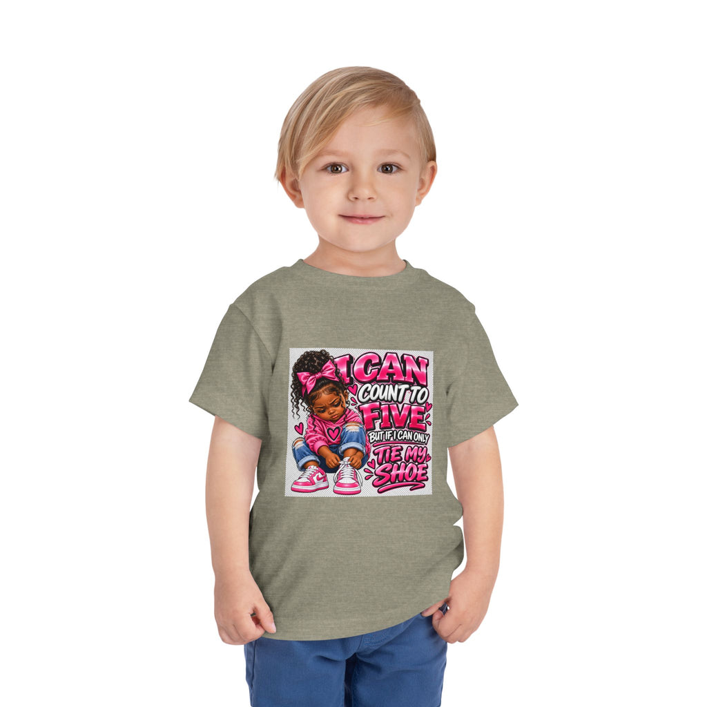 Toddler Tee — "I Can Count to Five But I Can Only Tie My Shoe" Cute Girl Graphic