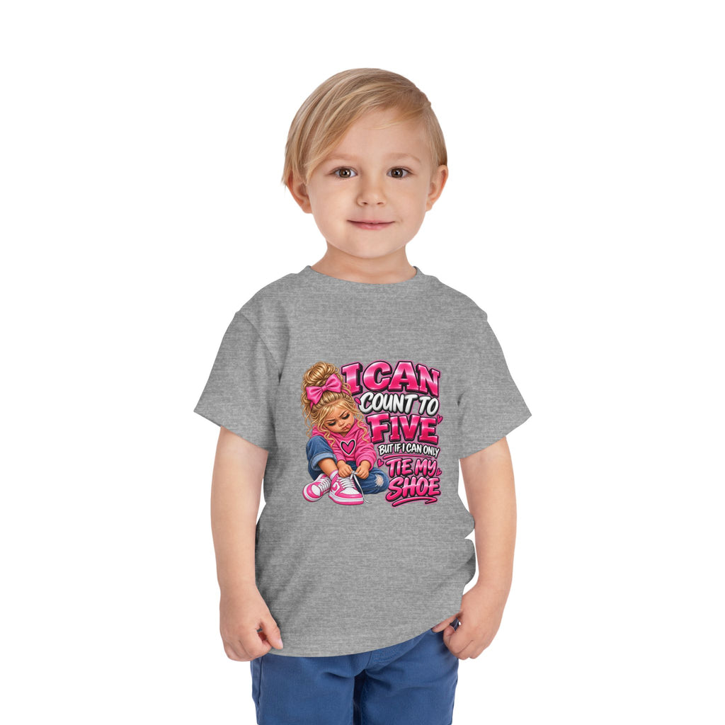Toddler Tee — "I Can Count to Five But I Can Only Tie My Shoe" Cute Girl Graphic