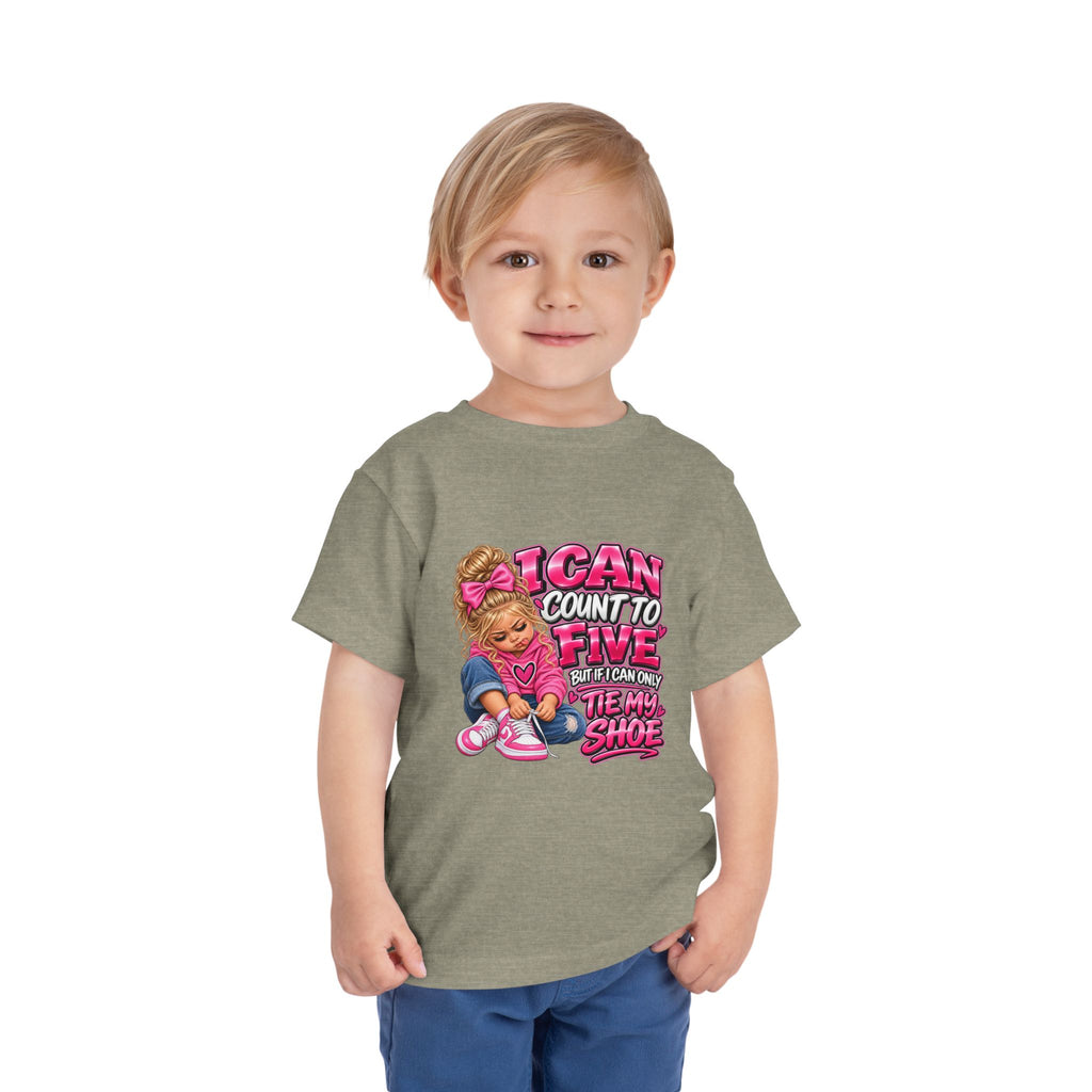 Toddler Tee — "I Can Count to Five But I Can Only Tie My Shoe" Cute Girl Graphic