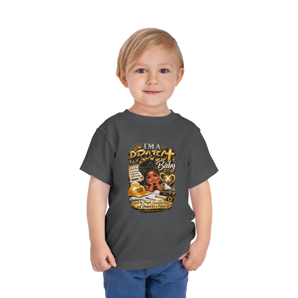 Toddler Tee — "I'm a Project Baby" Afro Girl Construction Graphic