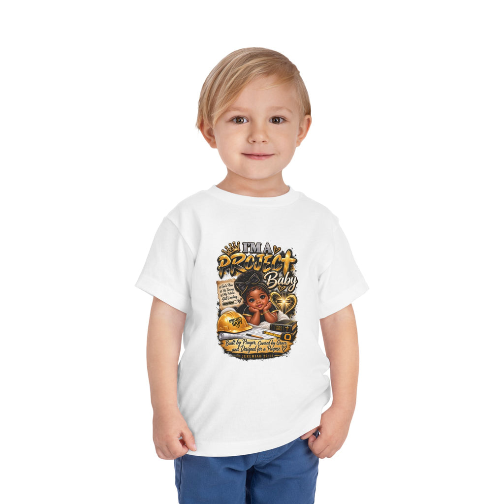Toddler Tee — "I'm a Project Baby" Afro Girl Construction Graphic