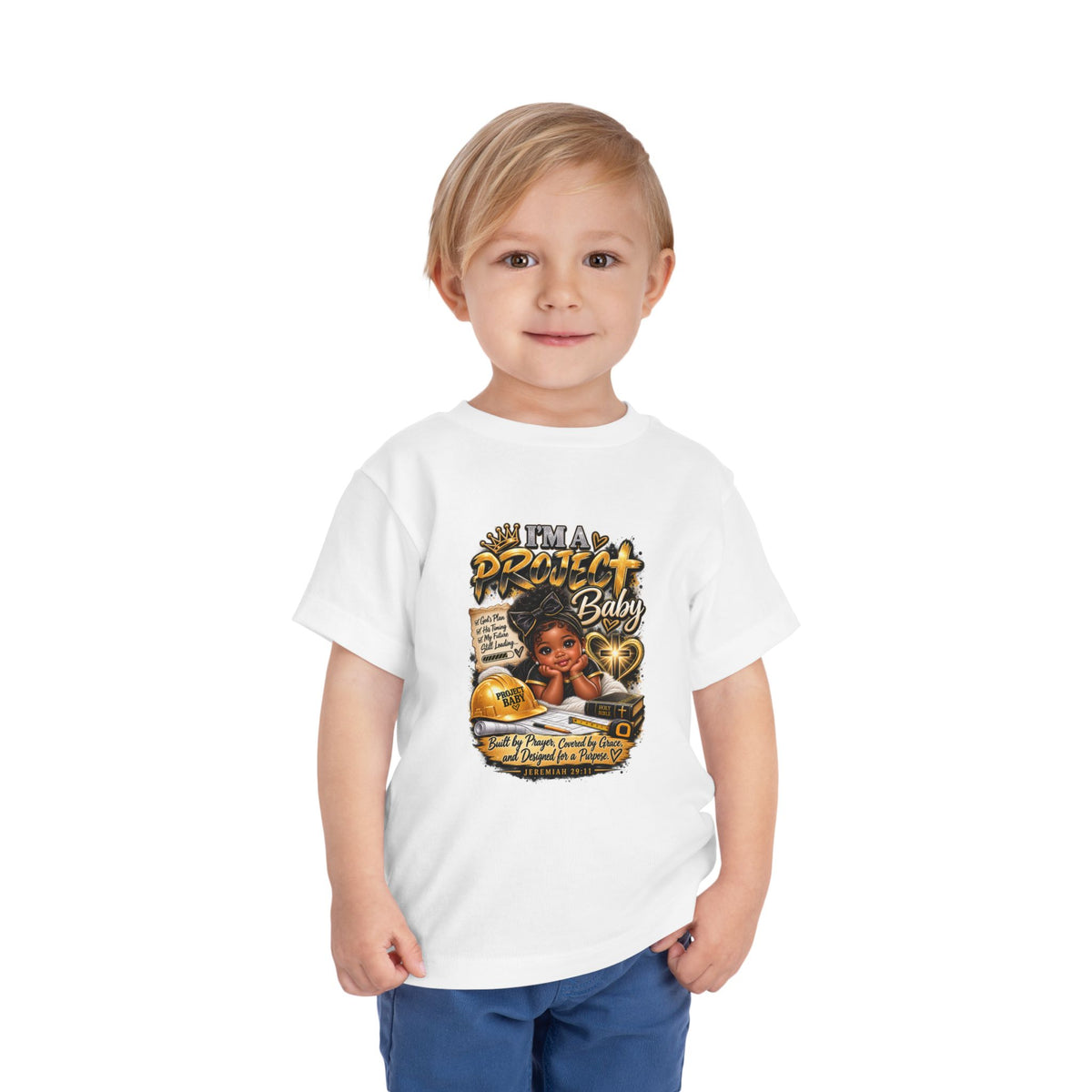 Toddler Tee — "I'm a Project Baby" Afro Girl Construction Graphic