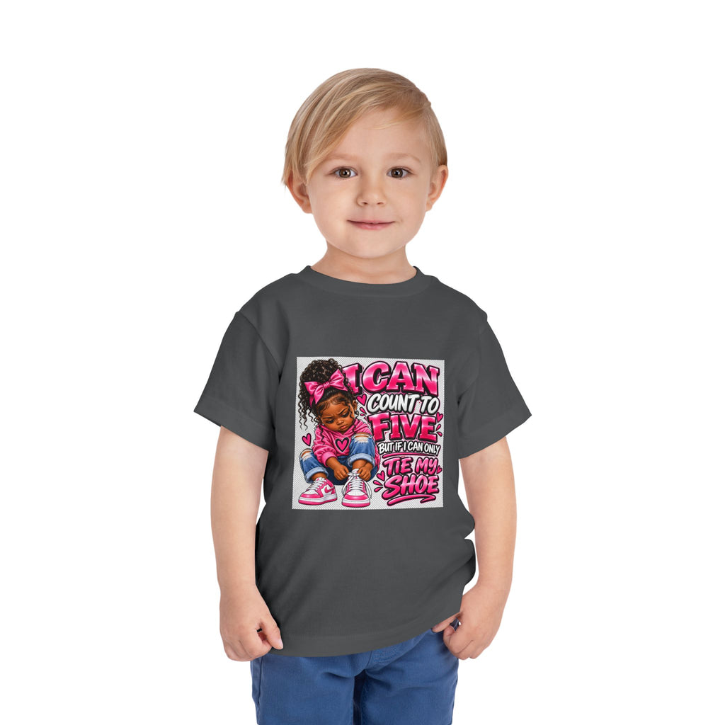 Toddler Tee — "I Can Count to Five But I Can Only Tie My Shoe" Cute Girl Graphic