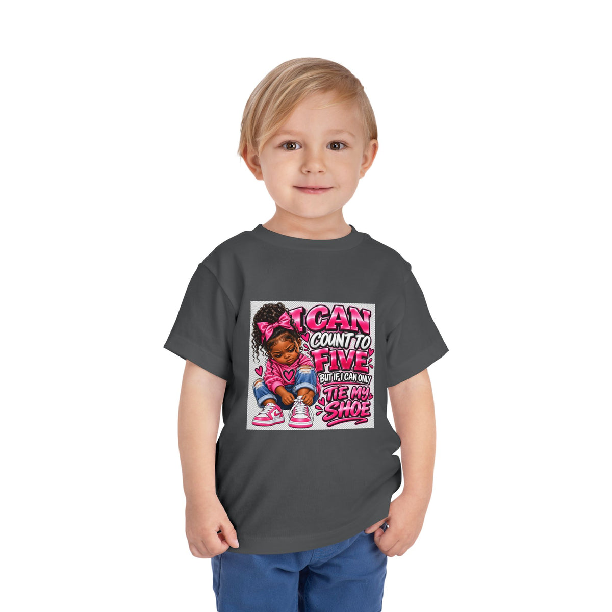 Toddler Tee — "I Can Count to Five But I Can Only Tie My Shoe" Cute Girl Graphic