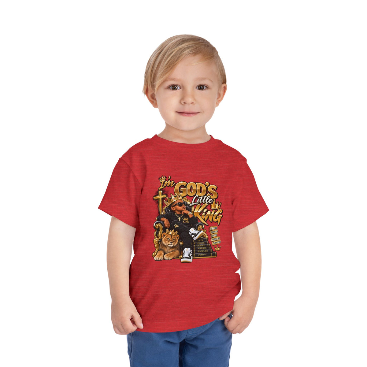 Toddler Tee — "I'm God's Little King" Christian Lion Graphic Shirt