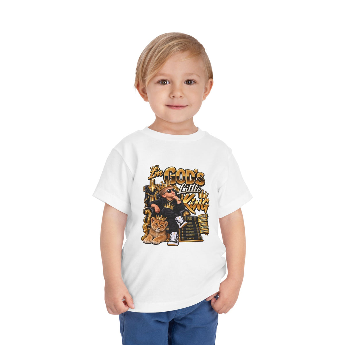 Toddler Tee — "The God's Little King" Graphic Shirt (Lion & Crown)