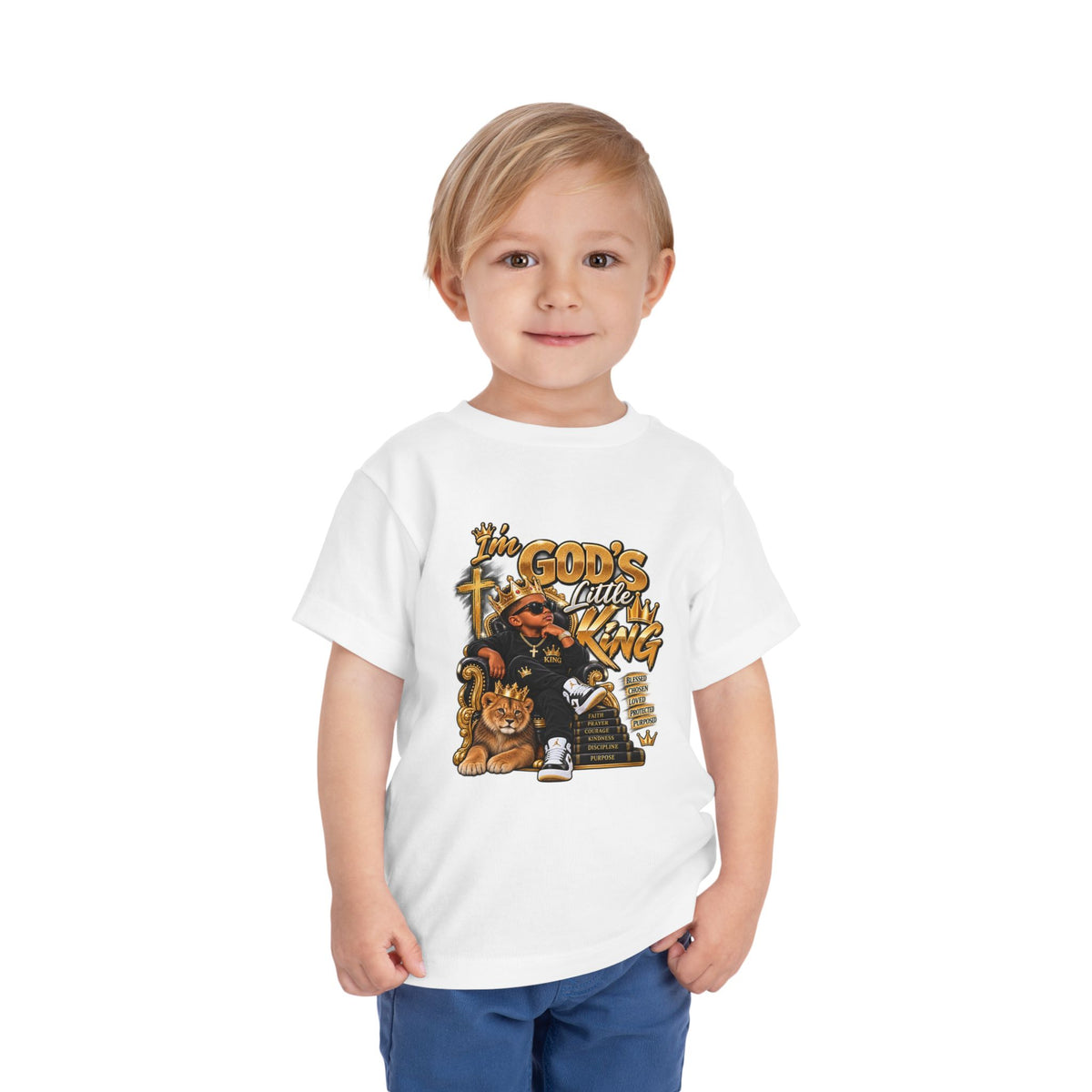 Toddler Tee — "I'm God's Little King" Christian Lion Graphic Shirt