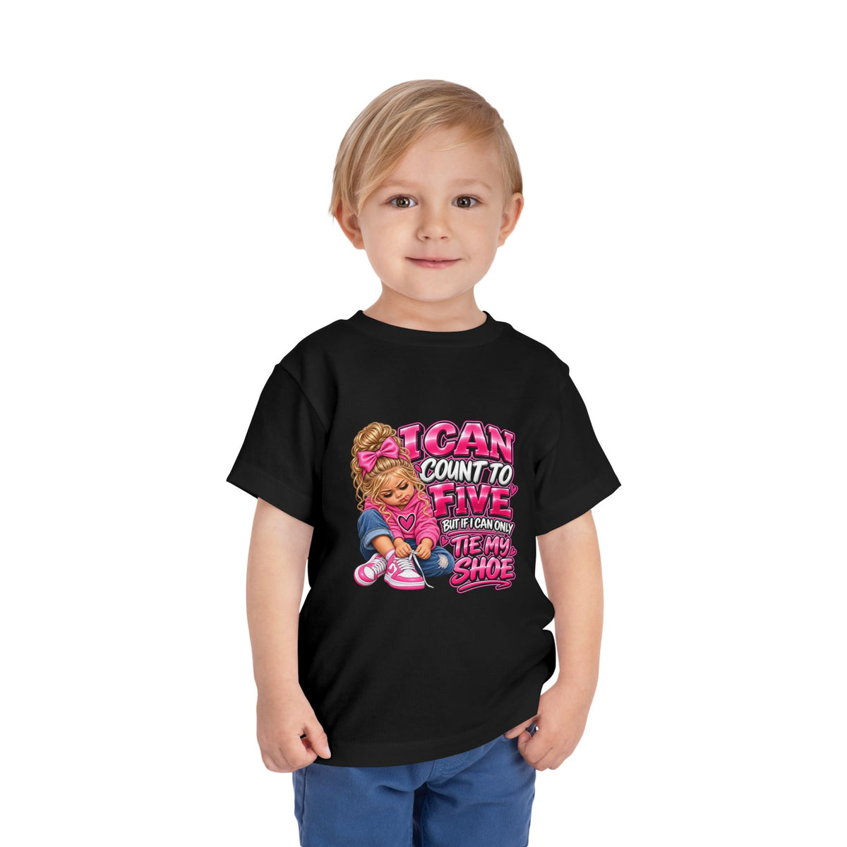 Toddler Tee — "I Can Count to Five But I Can Only Tie My Shoe" Cute Girl Graphic