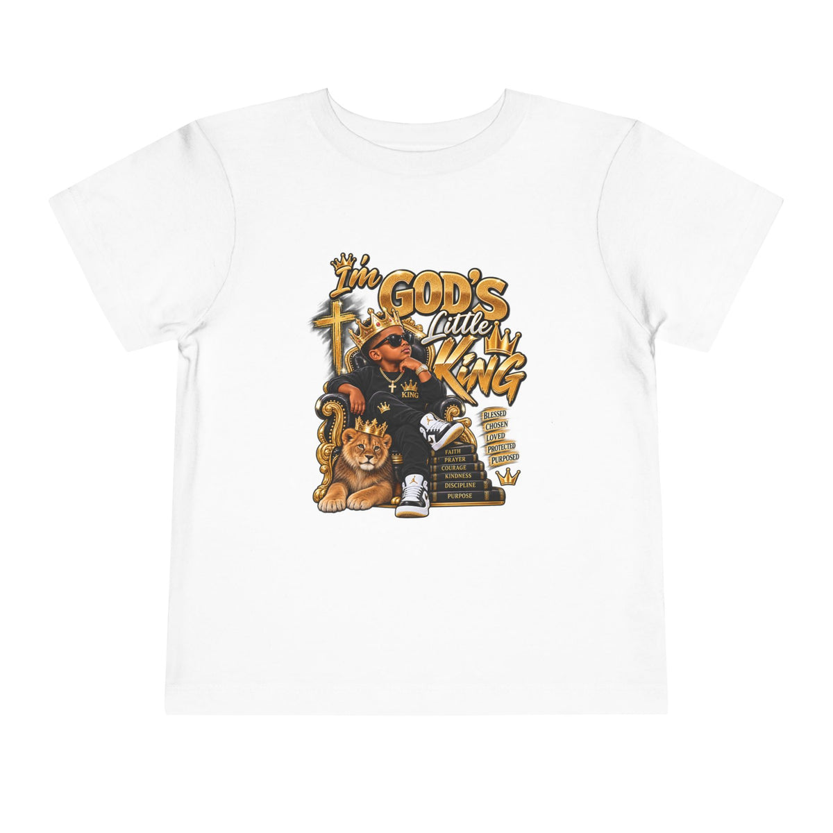 Toddler Tee — "I'm God's Little King" Christian Lion Graphic Shirt