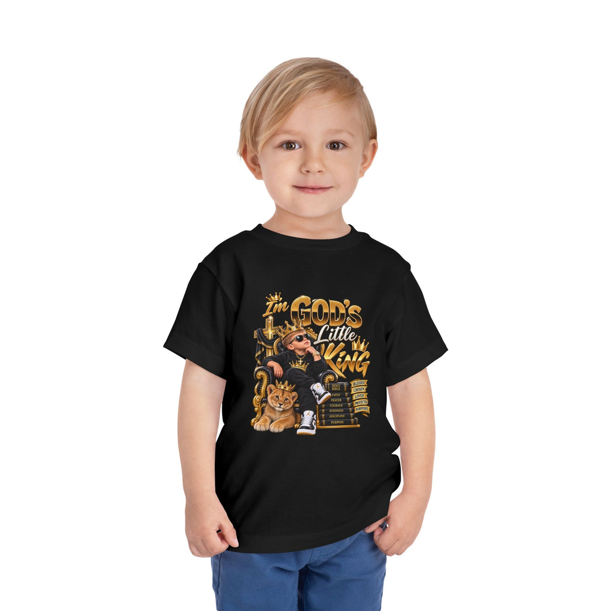 Toddler Tee — "The God's Little King" Graphic Shirt (Lion & Crown)