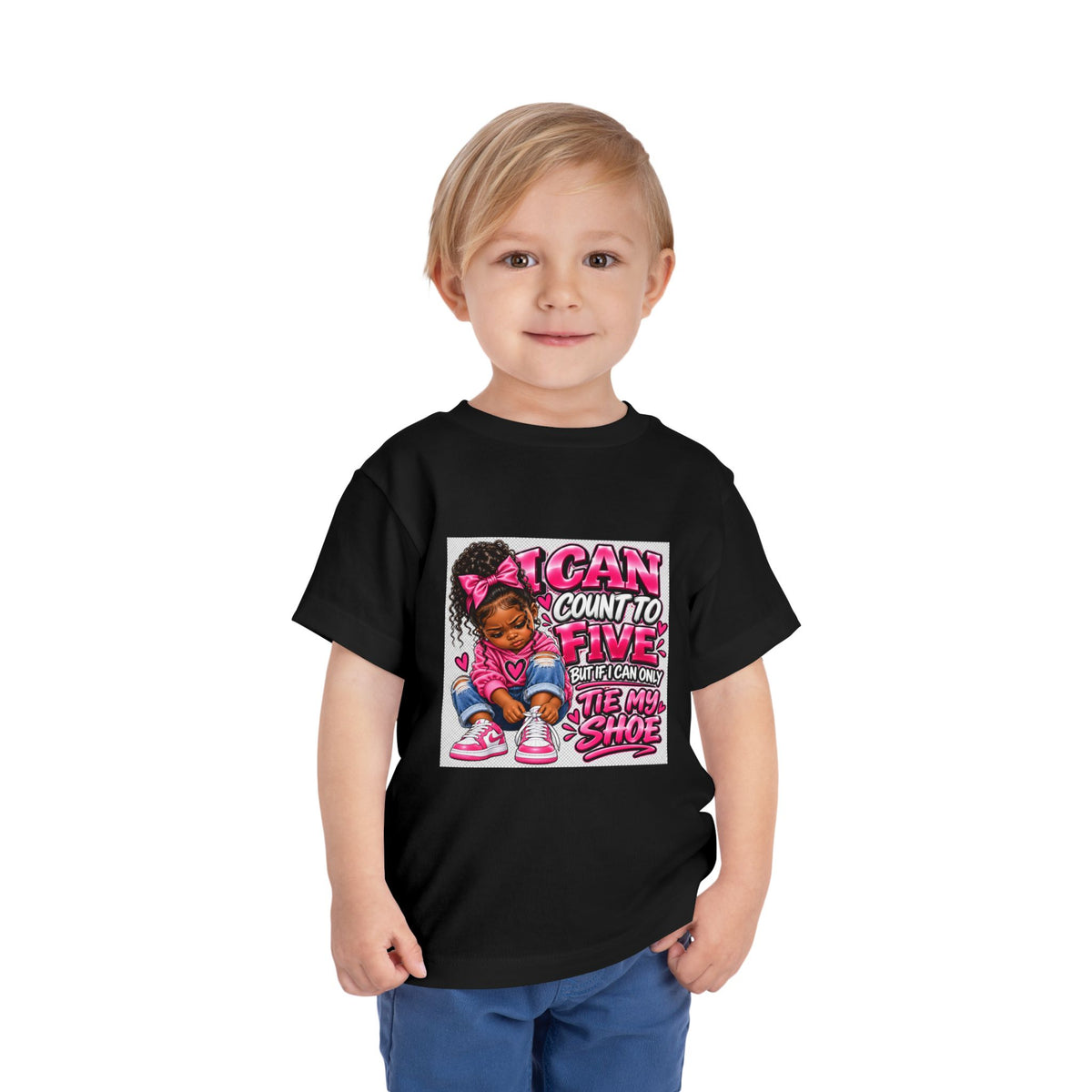 Toddler Tee — "I Can Count to Five But I Can Only Tie My Shoe" Cute Girl Graphic
